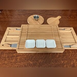 Bamboo Cheese Board Set with White Ceramic Bowls